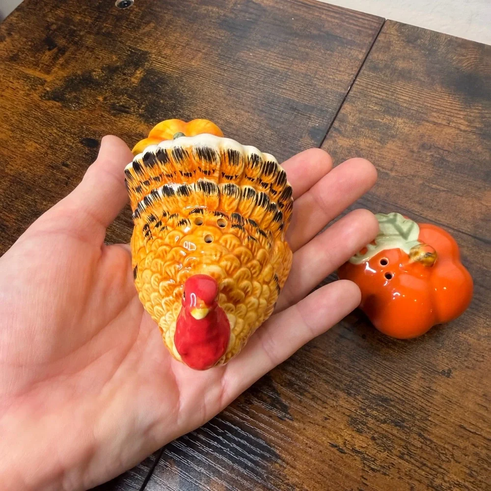 Ceramic Thanksgiving Turkey & Pumpkin Salt and Pepper Shakers - Orange Accent